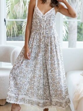 ISO this: NATURAL LIFE White and Tan Floral Maxi Jumpsuit Romper